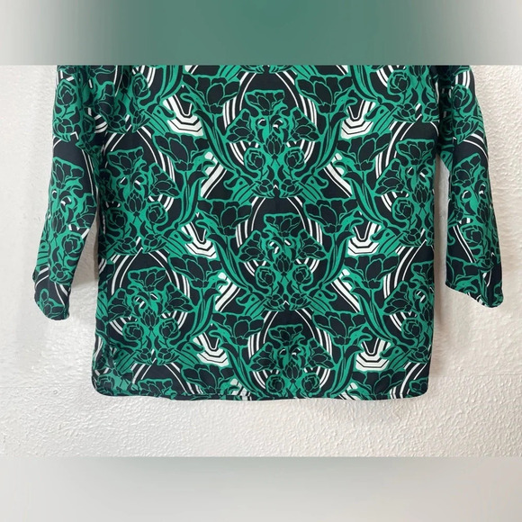 J. Crew Green Black Retro Floral Popover Blouse Top Women’s 2 Summer Business - Picture 6 of 15
